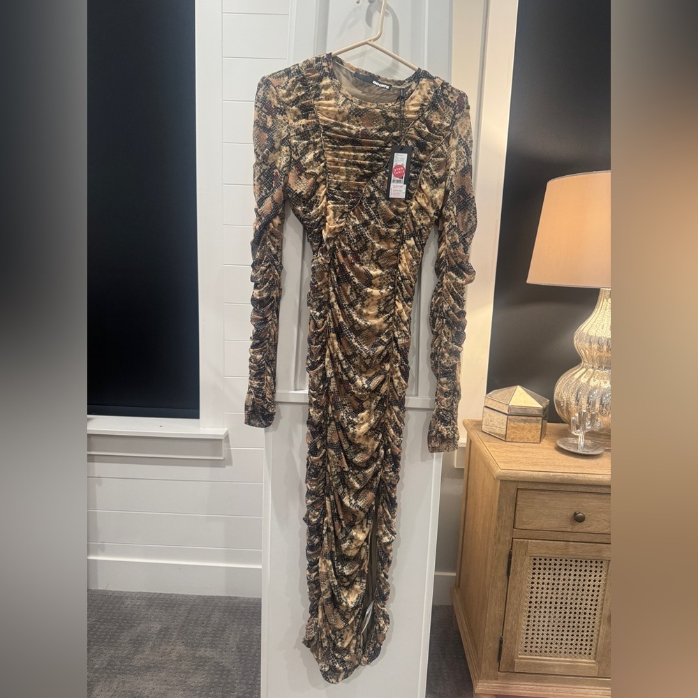 ROTATE Snake Print Ruched Mesh Midi Dress NWT